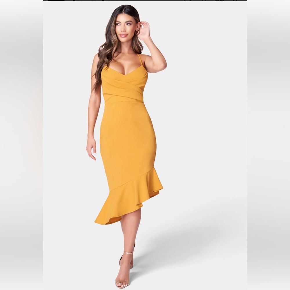 bebe ANGLED FLOUNCE MIDI DRESS